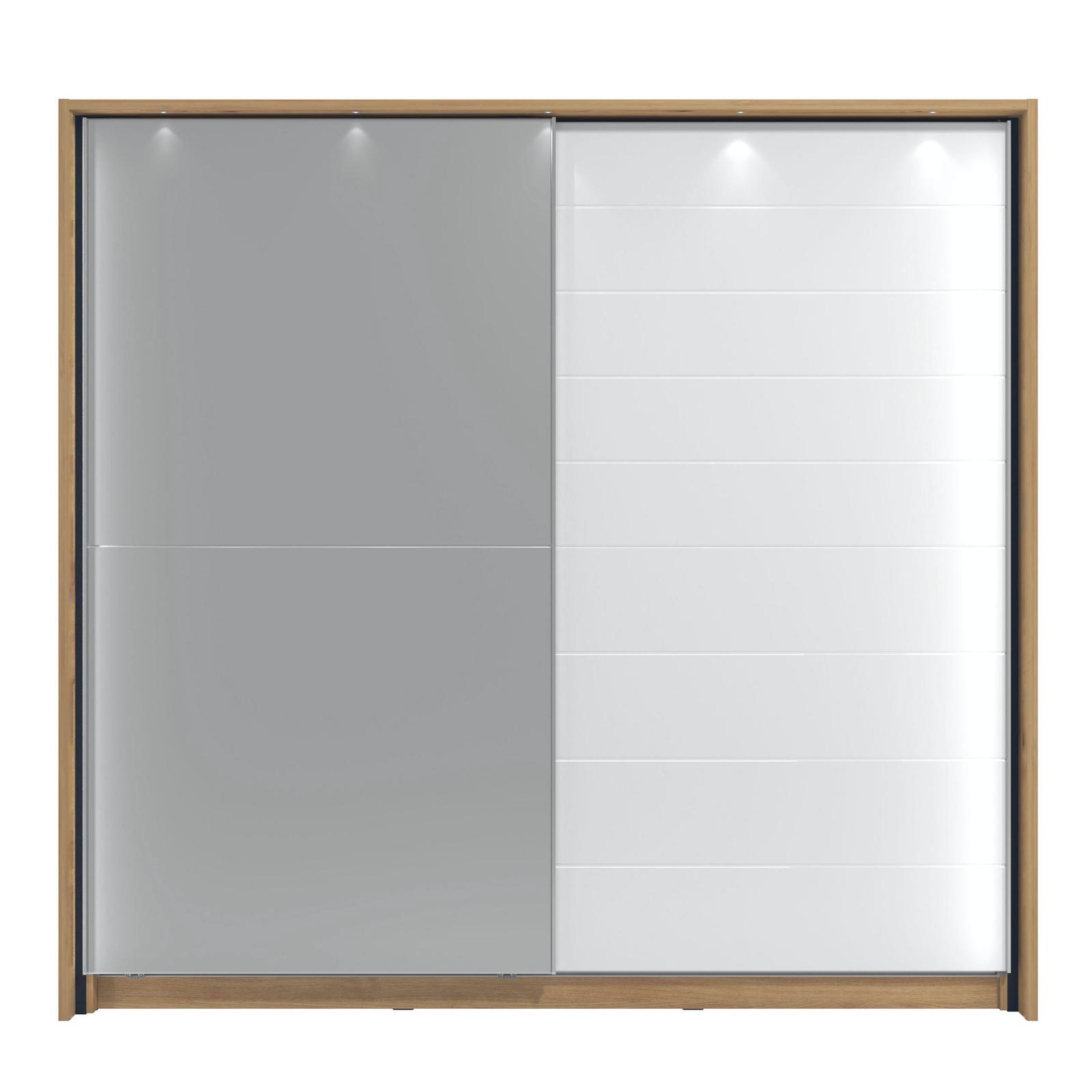 Dulap Mondego 220, cu rama si LED, stejar artisan + folie lucioasa alba, 2 usi glisante, cu oglinda, 227 x 62.5 x 214 cm, 10C