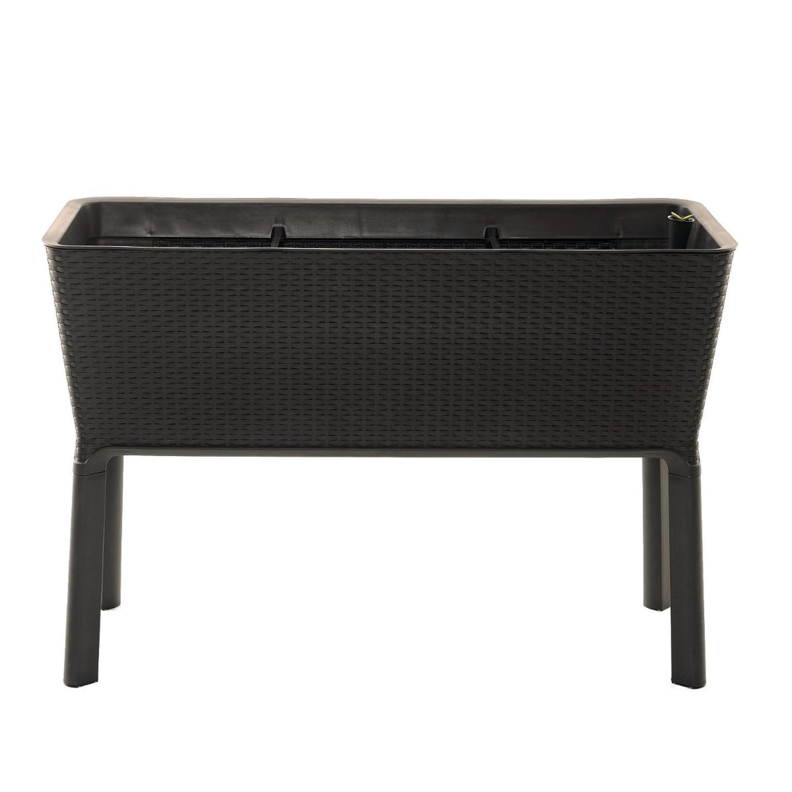 Jardiniera din plastic Full Bloom, cu sistem de control irigatii, finisaj ratan sintetic, interior / exterior, dreptunghiulara, maro, 114 x 49.3 x 75.7 cm