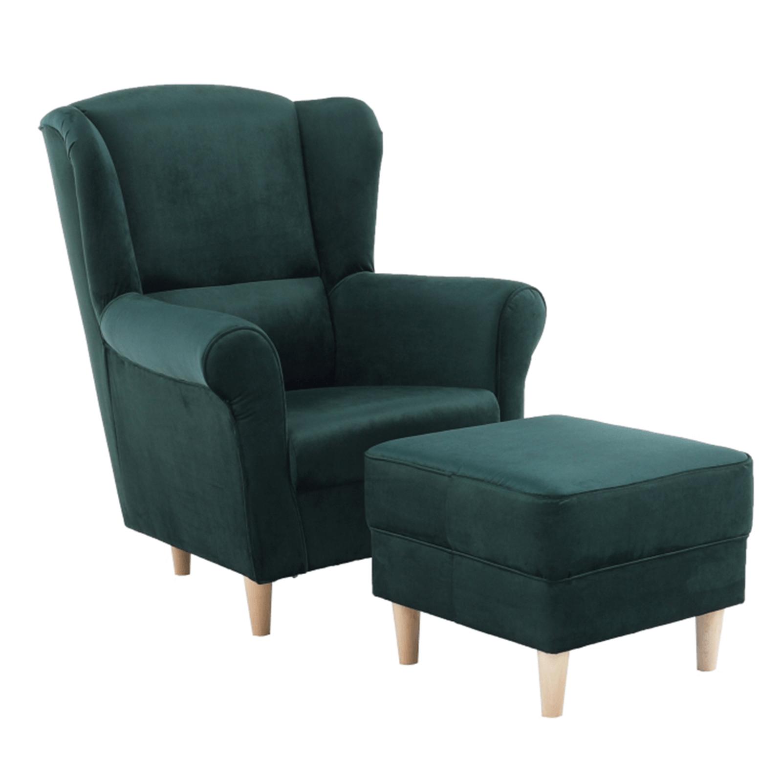 Fotoliu Astrid cu taburet fix, textil, verde smarald + fag, 1C