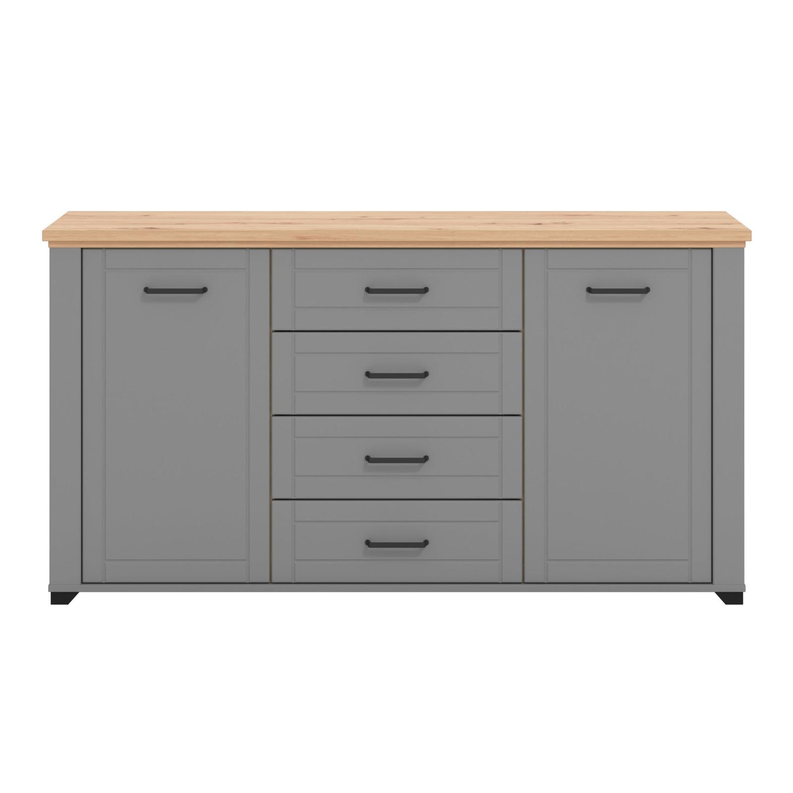 Comoda dormitor Valencia 3K4F, cu 2 usi + 4 sertare, stejar artisan + gri grafit + folie mata gri, 161.2 x 41 x 85.7 cm, 2C