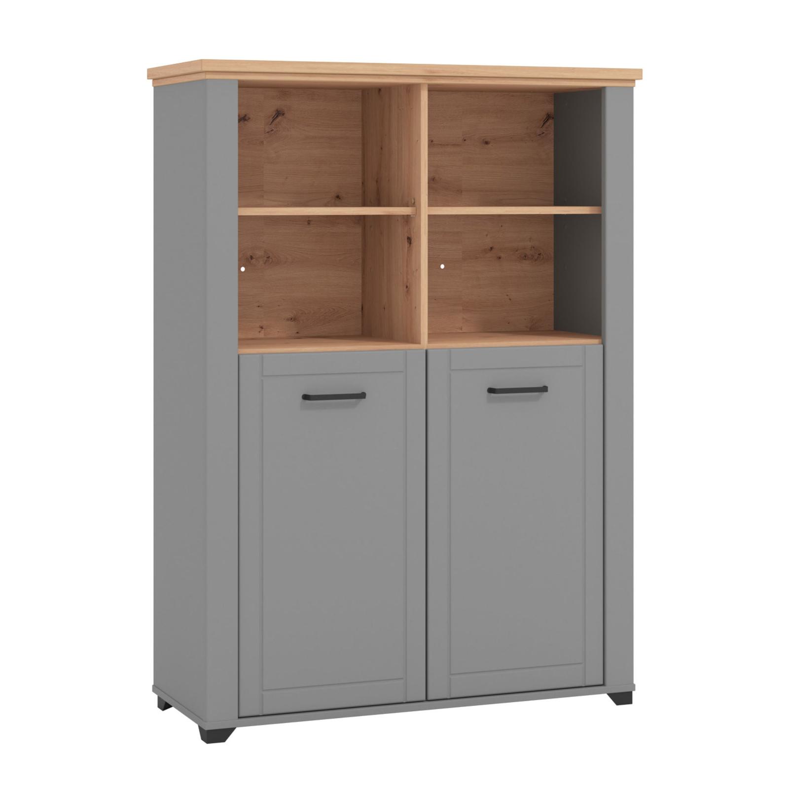 Dulap living Valencia POP 2K, cu rafturi si usi, gri grafit + stejar artisan + folie gri mat, 103.6 x 41 x 143.1 cm, 2C