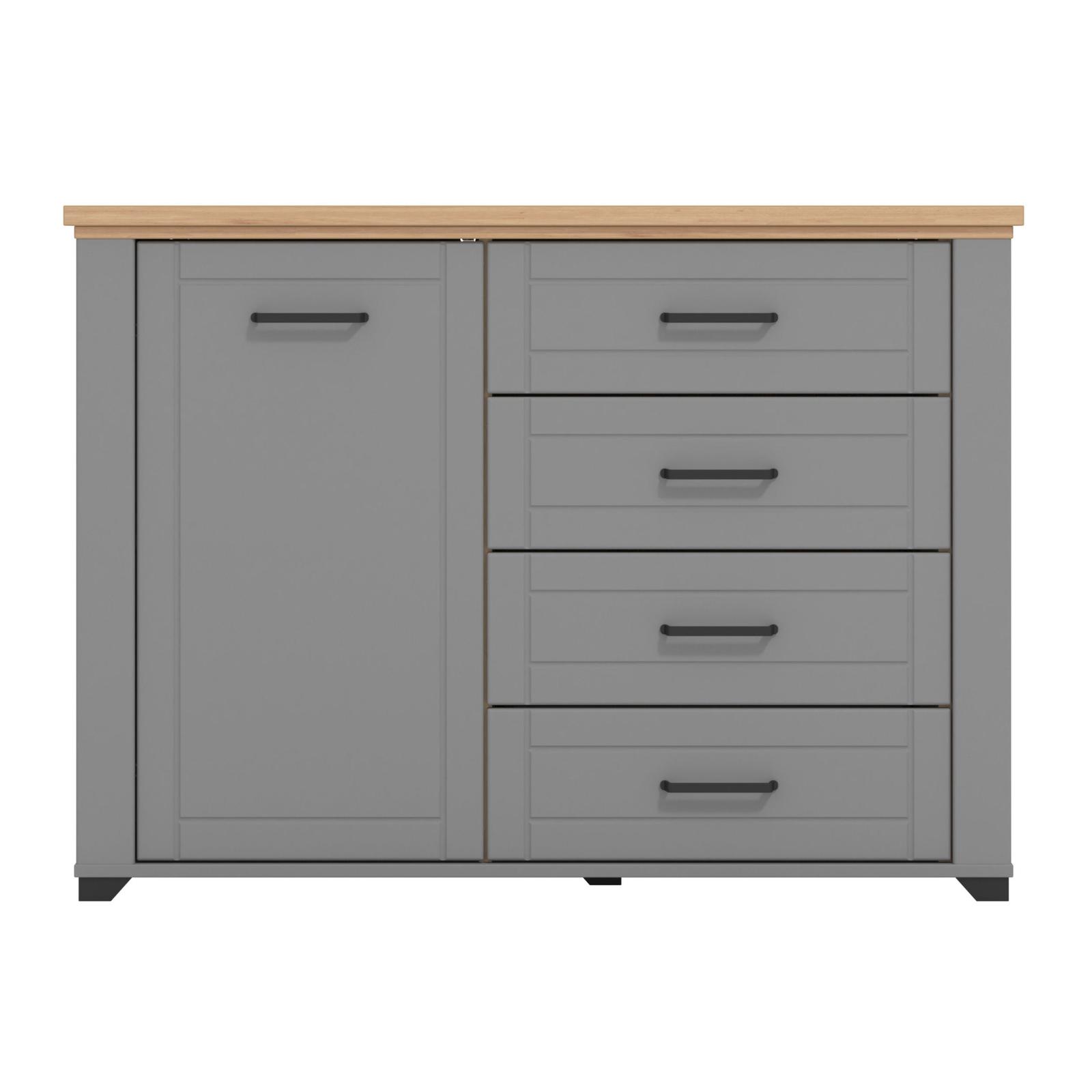 Comoda dormitor Valencia 2K4F GS, cu usa + 4 sertare, gri grafit + stejar artisan, 118 x 41 x 85.7 cm, 2C