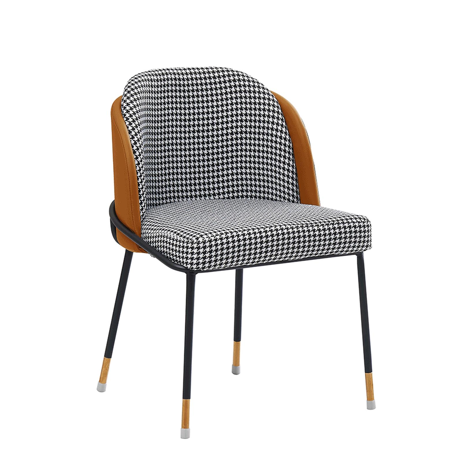 Scaun fix Kirna, tapitat, metal negru + auriu + material textil alb / negru + imitatie piele maro