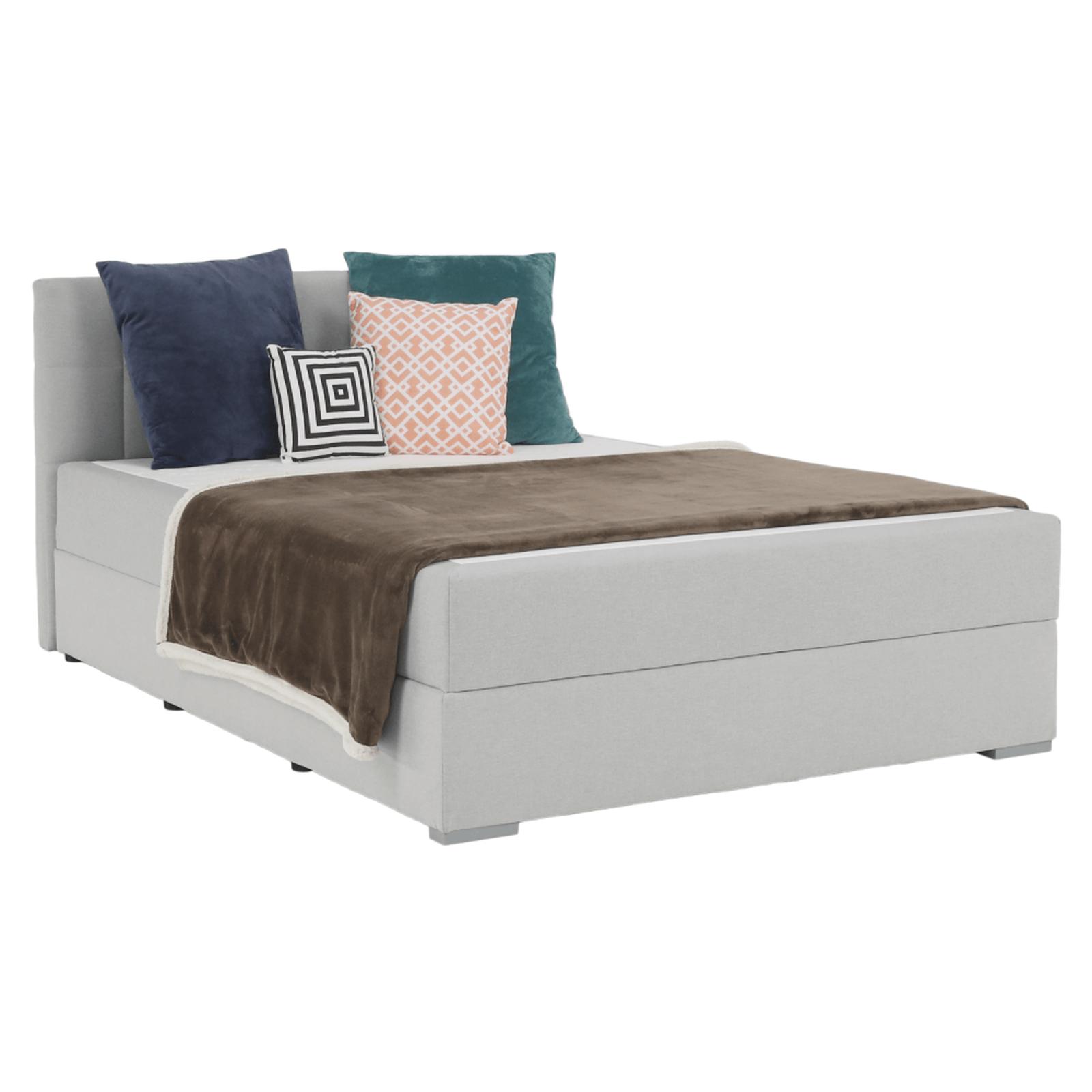 Pat boxspring Ferata, matrimonial, tapitat, cu lada, gri deschis, 140 x 200, H90 cm, 2C