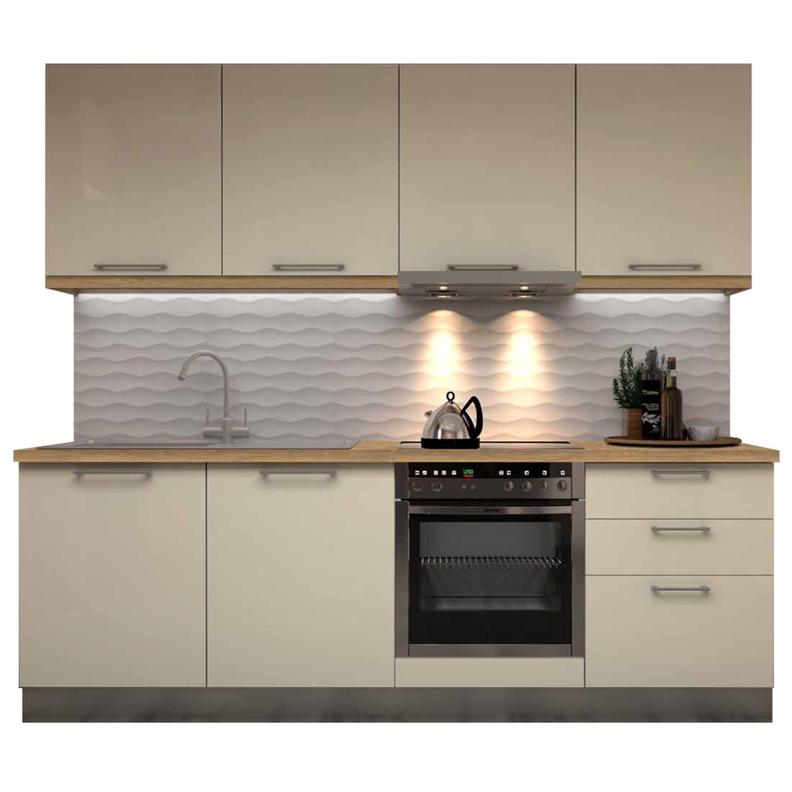 Bucatarie Charm 09, crem mat + alb, blat stejar piatra, 240 cm, 11C