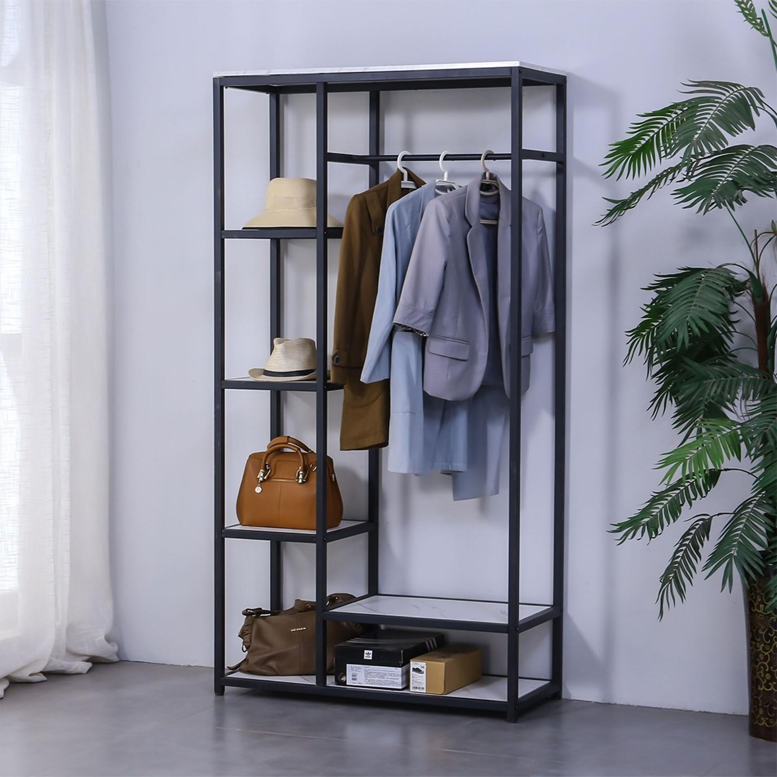 Suport haine Y-2 cu bara pentru umerase si 5 polite, metal si MDF, 100 x 40 x 194 cm