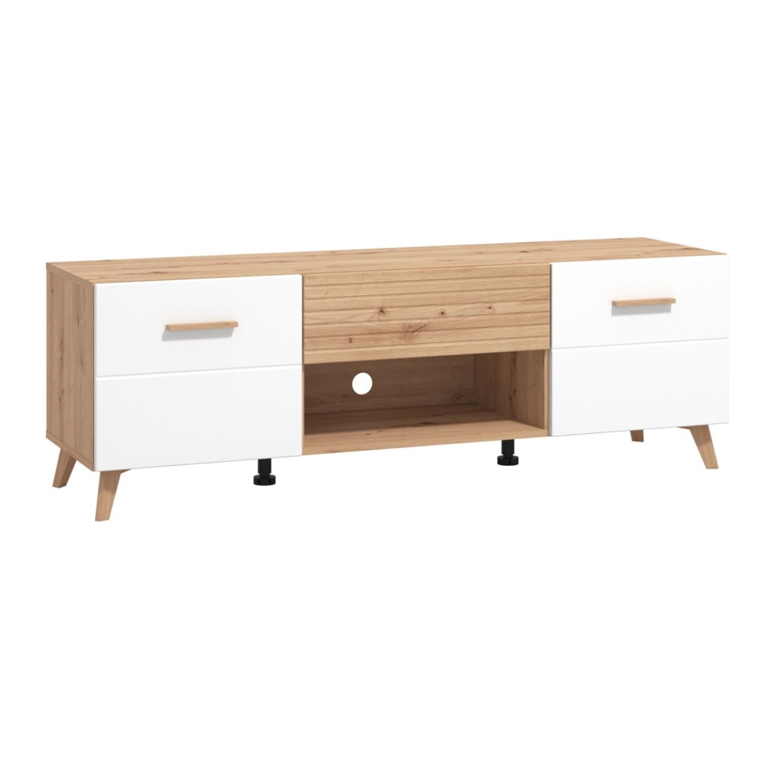 Comoda TV Bretagna 150, cu usi si sertar, stejar artisan + folie lucioasa alba, 147 x 42 x 49 cm, 1C
