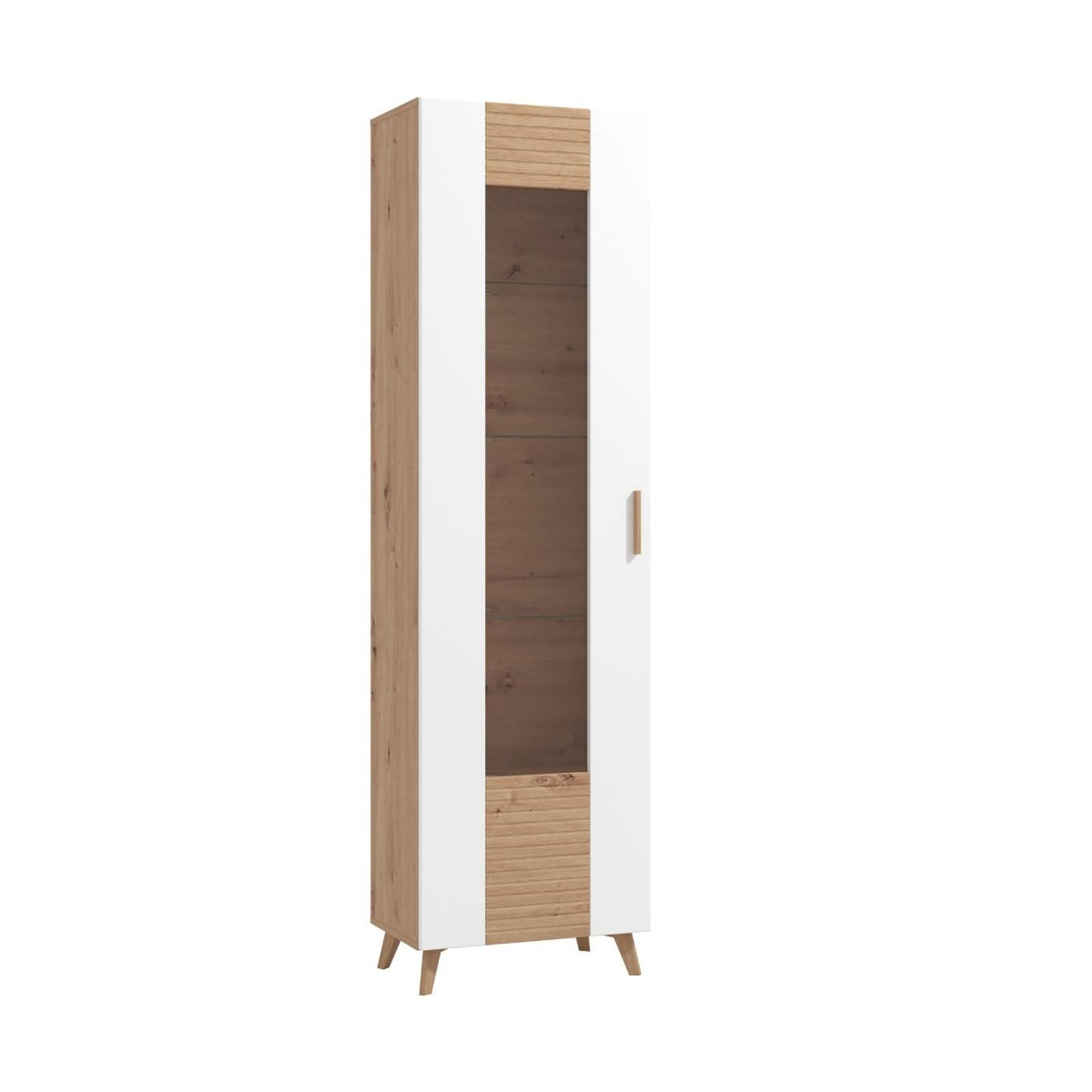 Vitrina Bretagna 1K VS1, cu usa sticla, stejar artisan + folie lucioasa alba, 58 x 35 x 203 cm, 2C
