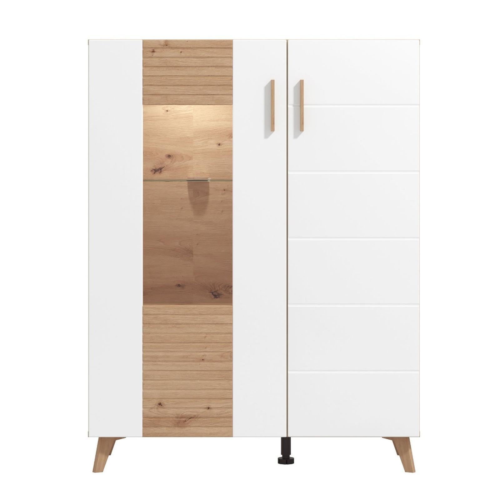 Vitrina Bretagna 2K VS1, cu usa sticla + LED, stejar artisan + folie lucioasa alba, 96 x 35 x 126 cm, 3C
