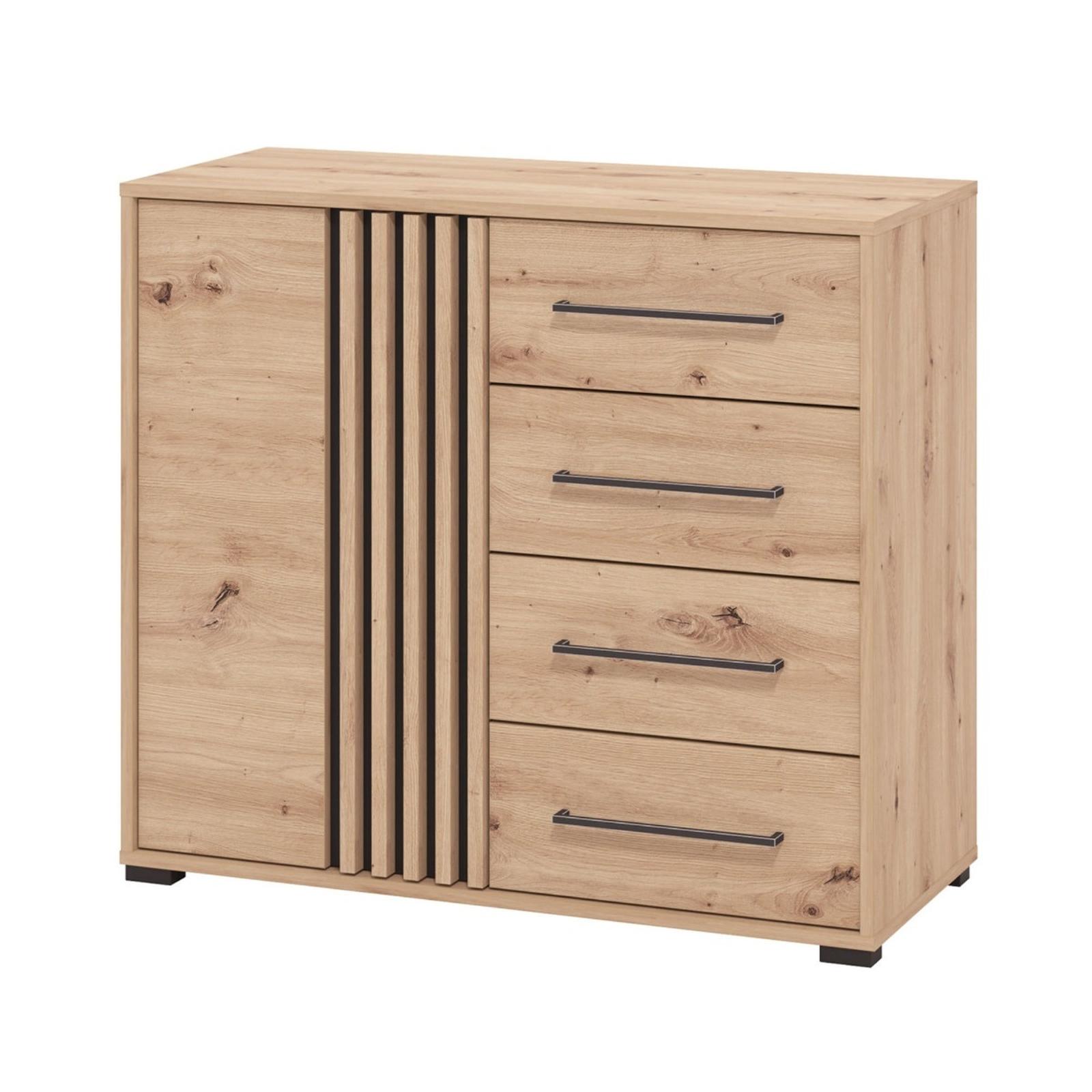 Comoda dormitor Ascalon 2K4F, cu usa + 4 sertare, stejar artisan + negru, 93 x 40 x 82 cm, 2C