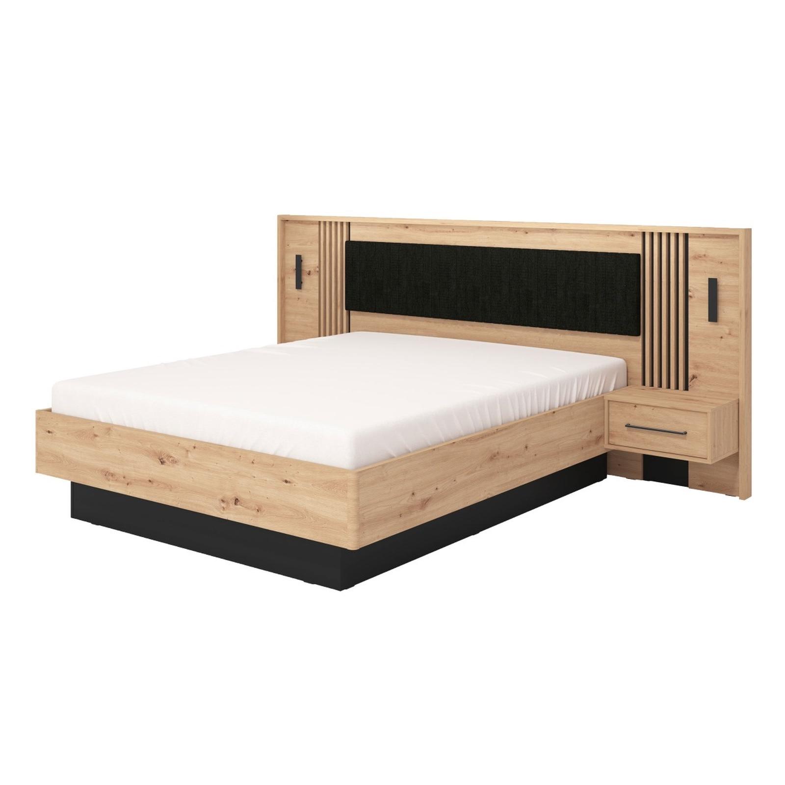 Pat dormitor Ascalon Plus, matrimonial, cu noptiere, stejar artisan + negru