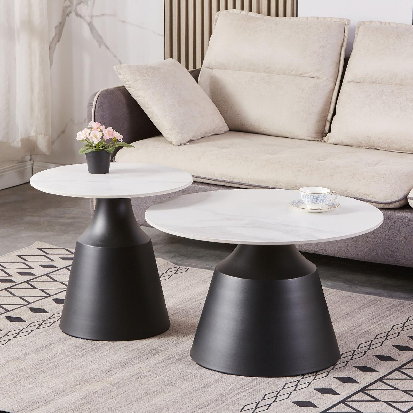 Masuta cafea CCT23J005, rotunda, alb + negru, 70 x 70 x 43 cm, set 2 bucati