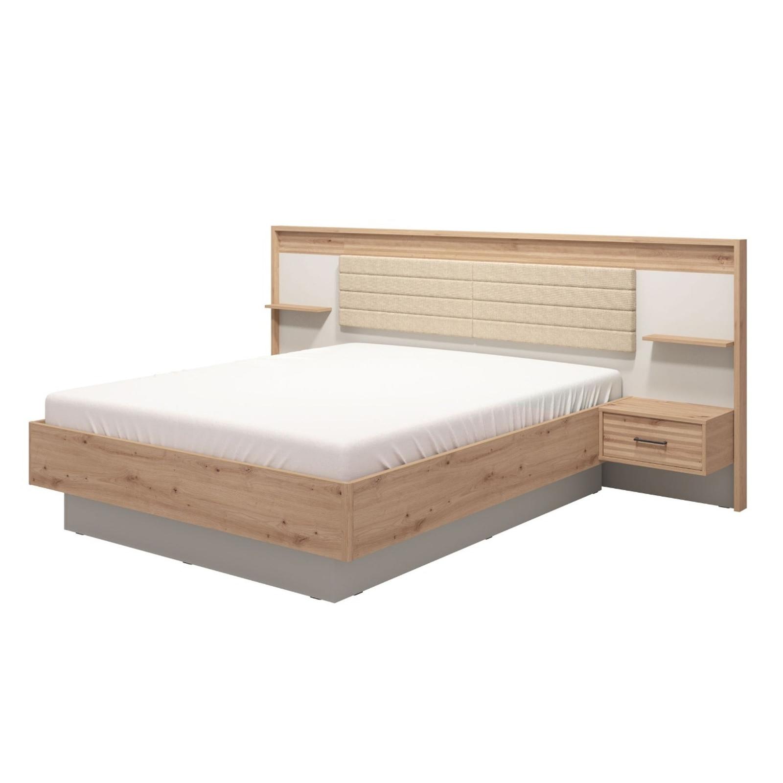 Pat dormitor Modena Plus, matrimonial, cu noptiere, stejar artisan + bej cashmere + bej, 160 x 200 cm, 7C