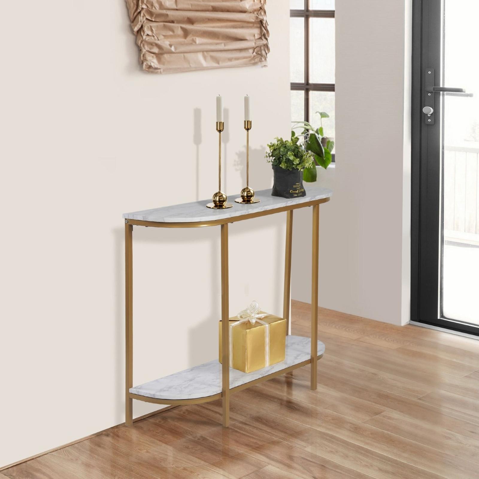 Consola living Adria alb marmorat + auriu, 101 x 31 x 80 cm