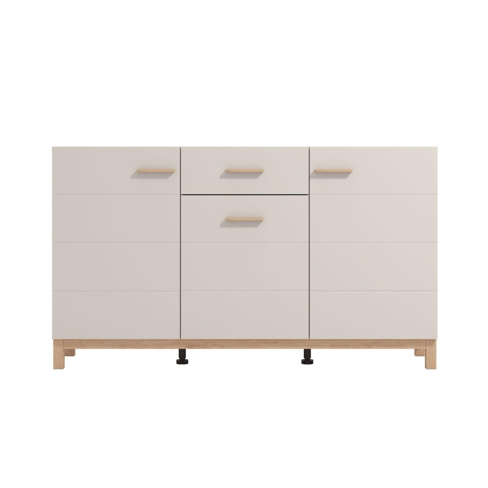 Comoda living Essex 3K1F3V, cu usi si sertar, bej cashmere + stejar artisan, 154 x 41.5 x 89 cm