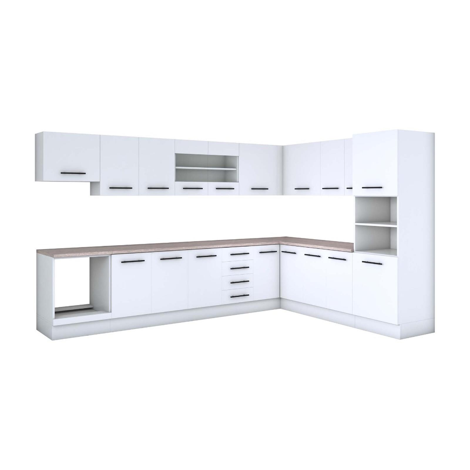 Bucatarie Alfa SCH, alb, blat travertin lucios, 520 cm, 25C