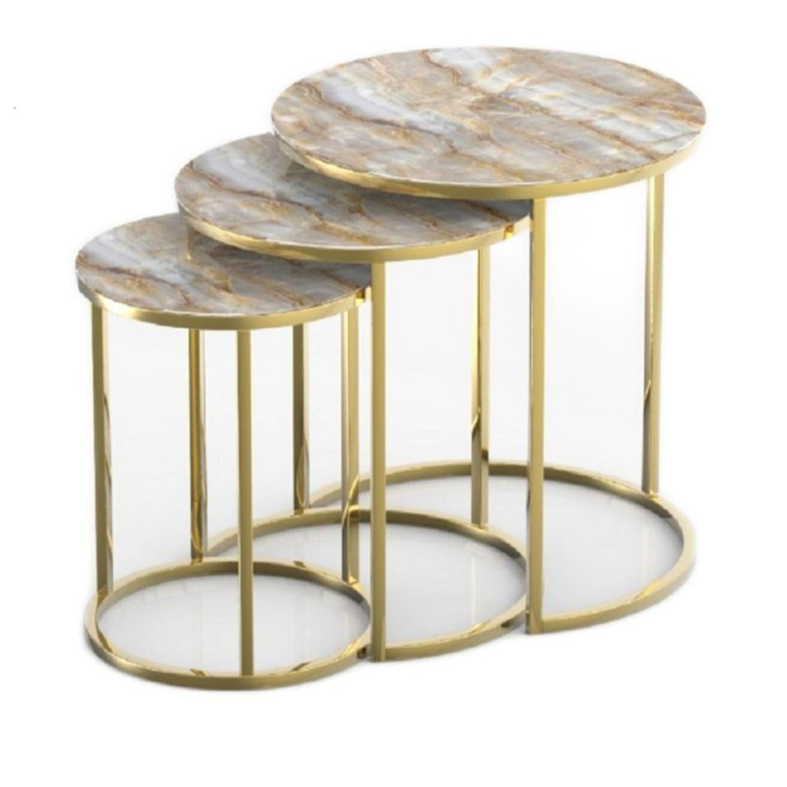Masuta cafea din sticla Ceylin, rotunda, alb + nichel, 50 x 50 x 58 cm, set 3 in 1, 1C